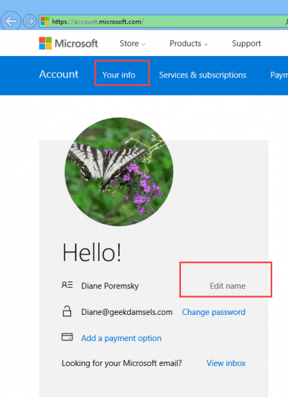Edit name in Outlook.com account