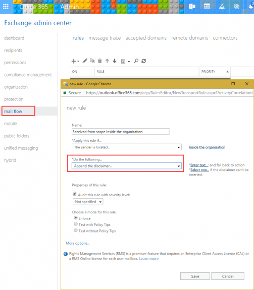 add a disclaimer using mail flow