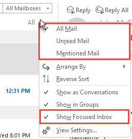the All menu in Outlook for Windows