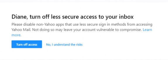 yahoo less secure app warning