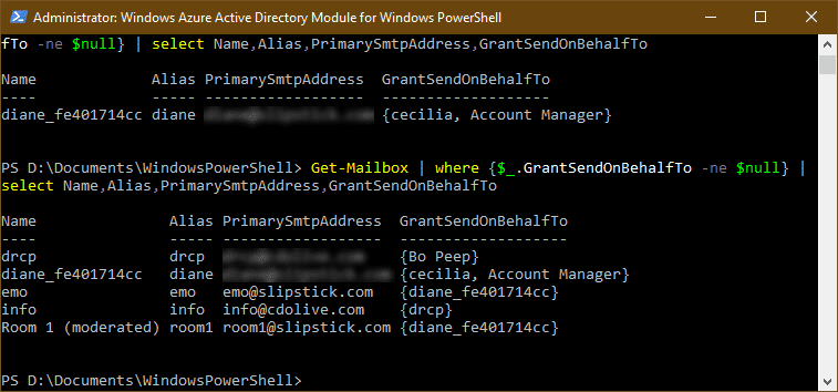 check send on behalf permission powershell