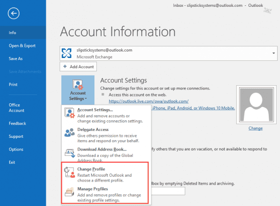 change profiles in outlook
