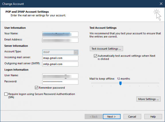 outlook's change account dialog