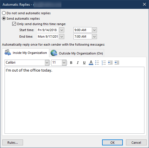 the automatic reply UI shows the changes made using powershell