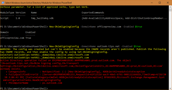 use powershell to enable DKIM