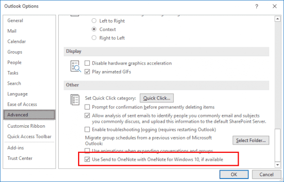 disable the onenote add-in in Outlook options