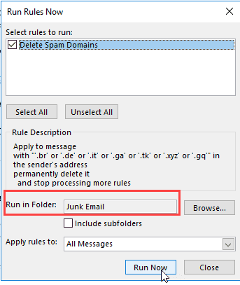 Select rules to run on selected folder