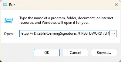 Command line to set the DisableRoamingSignatures value