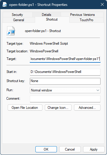 Shortcut to open PowerShell script