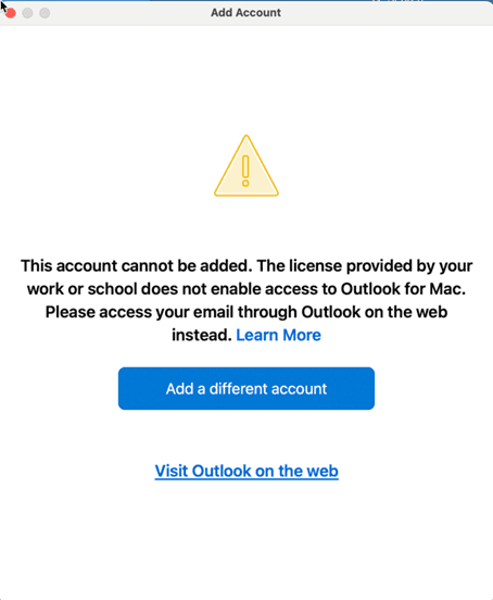account not supported Outlook for mac