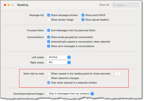 Maryk as read options in Outlook for Mac