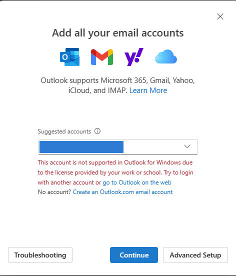 account not supported in Outlook for Windows