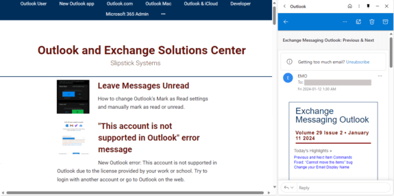 Outlook message in sidebar