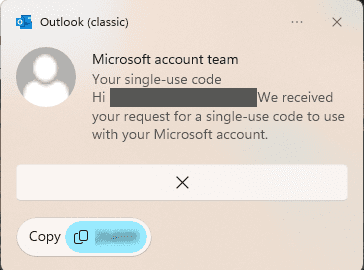 notifications in Outlook for single use codes