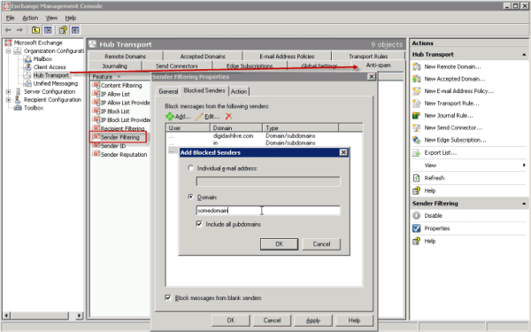 Exchange 2007 Sender filtering dialog