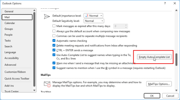 classic Outlook clear autocvomplete