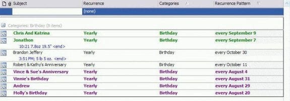 A filtered view of the upcoming birthdays