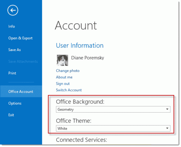 Change the color and backgroup in File, Office Account
