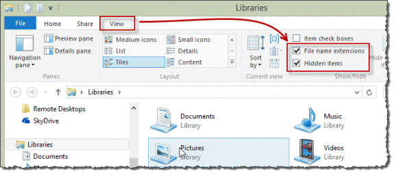 Show hidden files and folders in Windows 8