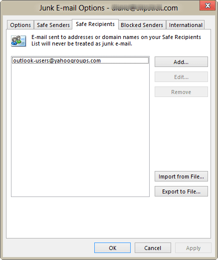 Outlook's Junk mail options dialog