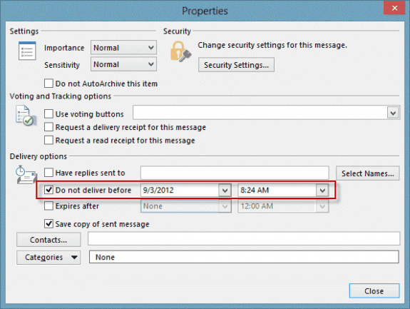 Set a later delivery time in Message Options