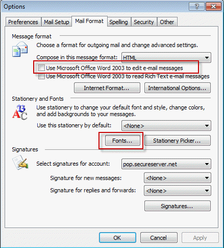 Font options in Outlook 2003