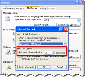 Wrap line setting in Outlook 2007 and 2003
