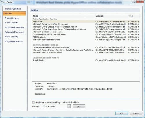 Addins dialog in Outlook 2010