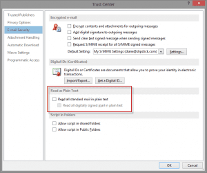 Read as plain text settings in Outlook 2013