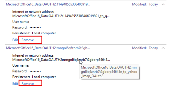 Click Remove to remove the entry from credential manager