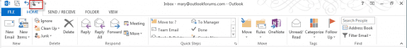 Outlook 2013 ribbon in normal mode, with Touch mode button highlighted