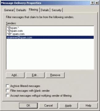 Sender filter in Exchange 2003