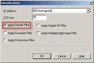 Enabled Sender Filtering on the Exchange 2003 SMTP server