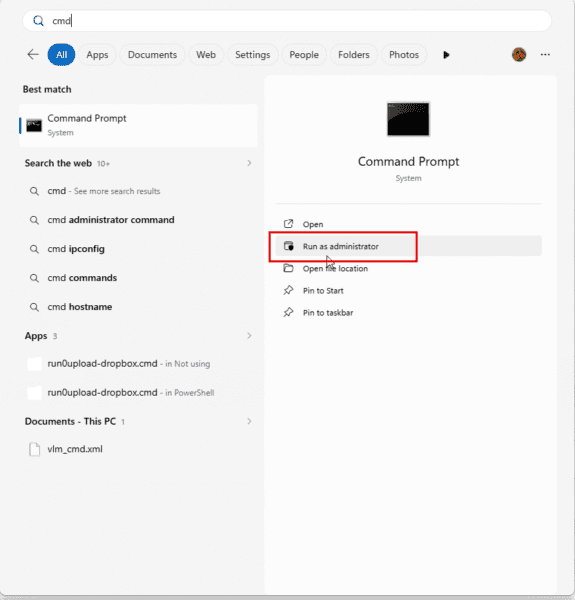 start menu, search for cmd