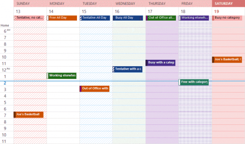 Day and weekly calendar coloring in Outlook 2013